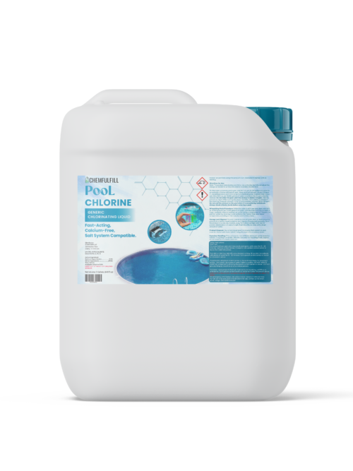 Packaged 5-Gallon container of Chemfulfill Pool Chlorine – Generic Liquid Pool Chlorine