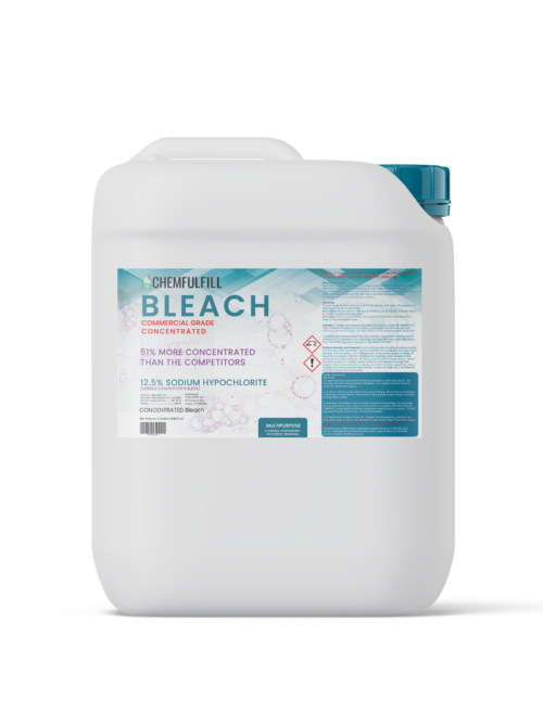 Packaged 5-Gallon container of Chemfulfill Commercial Grade Liquid Bleach – Generic Commercial Grade Liquid Bleach.
