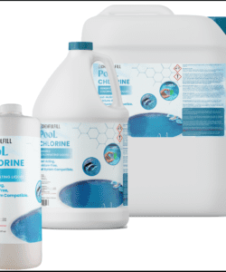 Various containers (5-Gallon, 1 Gallon, Quart, and Pint) of Chemfulfill Pool Chlorine – Generic Liquid Pool Chlorine.