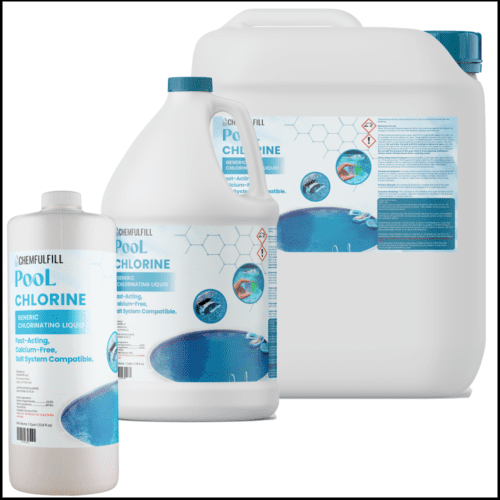Various containers (5-Gallon, 1 Gallon, Quart, and Pint) of Chemfulfill Pool Chlorine – Generic Liquid Pool Chlorine.