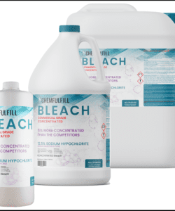 Various containers (5-Gallon, 1 Gallon, Quart, and Pint) of Chemfulfill Commercial Grade Liquid Bleach – Generic Commercial Grade Liquid Bleach.